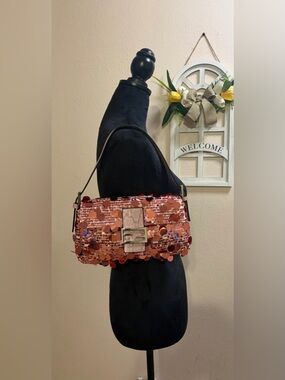 Fashion Large Pink Sequin Metallic Baguette And Italian Leather Shoulder Bag